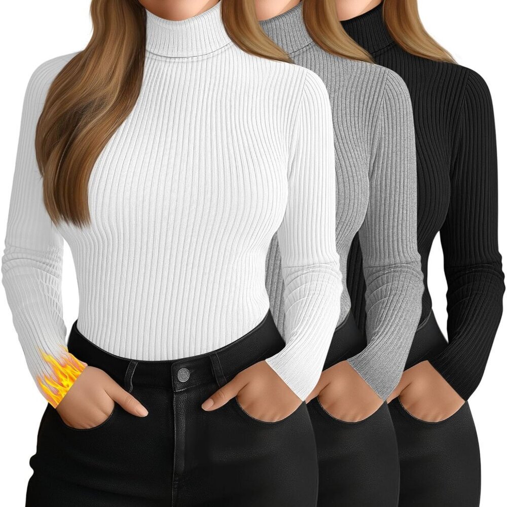 Women's Plus Size Thermal Turtleneck 3 Pack Ribbed Long Sleeve Shirts